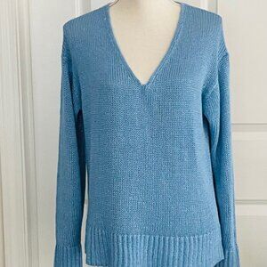 THEORY "SAG HARBOR" ISLE BLUE LINEN V NECK SWEATER - SIZE SMALL- TAGS ON